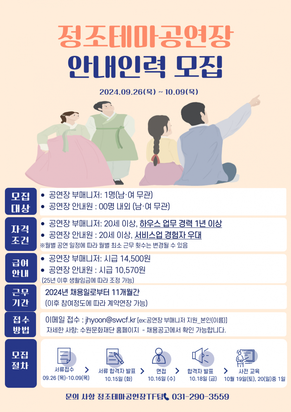 정조테마공연장 안내인력 모집  2024.09.26(목) ~ 10.09(목)  모집대상 -공연장 부매니저: 1명[남여 무관)  -공연장 안내원 : 00명 내외 (남여 무관)  자격조건 -공연장 부매니저: 20세 이상, 하우스 업무 경력 1년 이상  -공연장 안내원 : 20세 이상, 서비스업 겅험자 우대  ※월별 공연 일정에 따라 월별 최소 근무 횟수는 변경될 수 있음 급여안내 -공연장 부매니저: 시급 14,500원  -공연장 안내원 : 시급 10,570원 (25년 이후 생활임금에 따라 조정 가능)  근무기간 2024년 채용일로부터 11개월간(이후 참여정도에 따라 계약연장 가능)  접수방법 이메일 접수 : jhyoon@swcf.kr [ex:공연장 부매니저 지원_본인(이름)]  자세한 사항: 수원문화재단 홈페이지 - 채용공고에서 확인 가능합니다.  모집절차 서류접수09.26 (목)-10.09(목)  > 서류 합격자 발표 10.15일 (화) 〉 면접10.16일 (수)  〉 합격자 발표10.18일 (금) 〉 사전 교육10월 19일(토), 20(일)중 1일  문의사항 정조테마공연장TF팀 031-290-3559