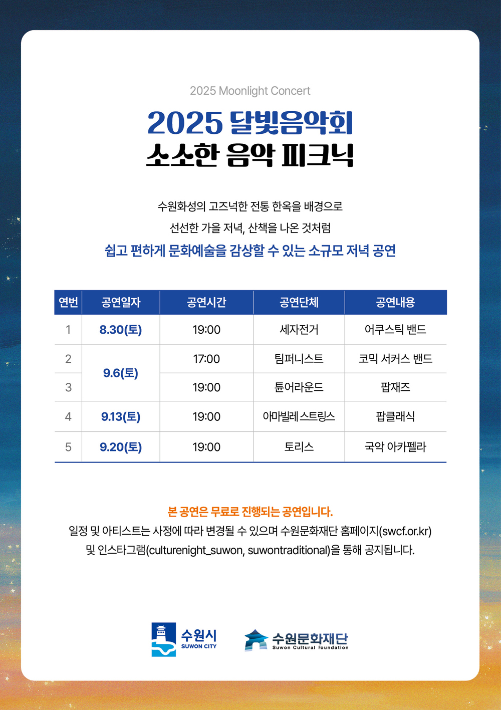 2025 Moonlight Concert 2025 달빛음악회 소소한 음악 피크닉  수원화성의 고즈넉한 전통 한옥을 배경으로 선선한 가을 저녁, 산책을 나온 것처럼 쉽고 편하게 문화예술을 감상할 수 있는 소규모 저녁 공연  표 - 연번, 공연일자, 공연시간, 공연단체, 공연내용 순서입니다. 1. 8.30.(토) 19:00 / 세자전거 / 어쿠스틱 밴드 2. 9.6.(토) 17:00 / 팀퍼니스트 / 코믹 서커스 밴드 3. 9.6.(토) 19:00 / 튠어라운드 / 팝재즈 4. 9.13.(토) 19:00 / 아마빌레 스트링스 / 팝클래식 5. 9.20.(토) 19:00 / 토리스 / 국악 아카펠라  본 공연은 무료로 진행되는 공연입니다. 일정 및 아티스트는 사정에 따라 변경될 수 있으며 수원문화재단 홈페이지(swcf.or.kr) 및 인스타그램(culturenight_suwon, suwontraditional)을 통해 공지됩니다.  하단 중앙 수원시 로고, 수원문화재단 로고