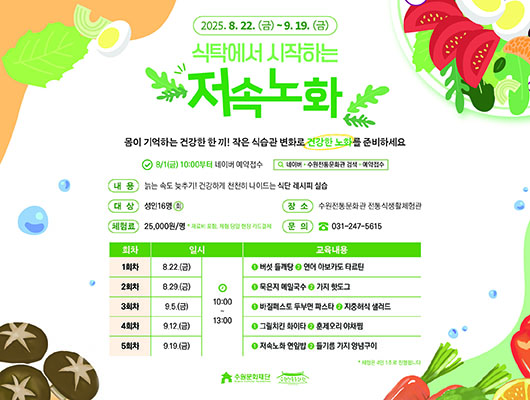 2025. 8. 22.(금)~9. 19.(금) 식탁에서 시작하는 저속노화 몸이 기억하는 건강한 한 끼! 작은 식습관 변화로 건강한 노화를 준비하세요 8/1(금) 10:00부터 네이버 예약접수 네이버▶수원전통문화관 검색▶예약접수 내용 늙는 속도 늦추기! 건강하게 천천히 나이드는 식단 레시피 실습 대상 성인16명/회 장소 수원전통문화관 전통식생활체험관 체험료 25,000원/명 *재료비 포함, 체험 당일 현장 카드결제 문의 031-247-5615 교육내용에 대한 회차, 일시, 교육내용입니다. 1회차/8.22.(금) 10:00~13:00/1 버섯 들깨탕 2 연어 아보카도 타르틴 2회차/8.29.(금) 10:00~13:00/1 묵은지 메밀국수 2 가지 핫도그 3회차/9.5.(금) 10:00~13:00/1 바질페스토 두부면 파스타 2 지중해식 샐러드 4회차/9.12.(금) 10:00~13:00/1 그릴치킨 화이타 2 훈제오리 야채찜 5회차/9.19.(금) 10:00~13:00/1저속노화 연잎밥 2 들기름 가지 양념구이 *체험은 4인 1조로 진행됩니다 수원문화재단 수원전통문화관