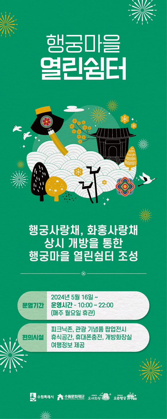 행궁마을 열린쉼터 행궁사랑채, 화홍사랑채 상시 개방을 통한 행궁마을 열린쉼터 조성 운영기간 2024년 5월 16일~ 운영시간 10:00~22:00(월요일휴관) 편의시설 피크닉존, 관광 기념품 팝업전시 휴식공간, 휴대폰충전, 개방화장실, 여행정보 제공