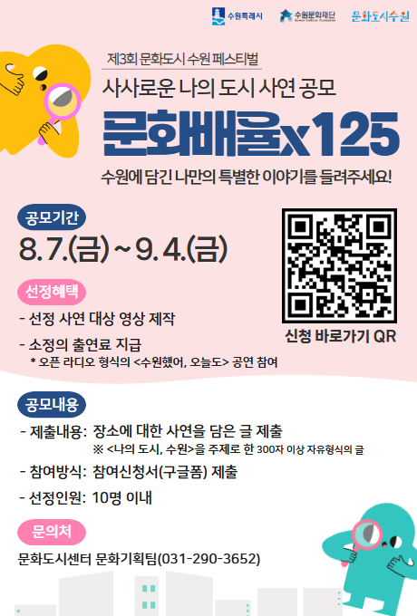 제3회 문화도시 수원 페스티벌 사사로운 나의 도시 사연 공모 문화배율x125 포스터입니다. 수원에 담긴 나만의 특별한 이야기를 들려주세요!  공모기간 8월 7일 금요일부터 9월 4일 금요일까지입니다. 선정혜택은 선정 사연 대상 영상 제작, 소정의 출연료 지급(*오픈 라디오 형식의 수원했어, 오늘도 공연 참여)입니다. 공모내용입니다. 제출내용은 장소에 대한 사연을 담은 글 제출(※ 나의도시, 수원을 주제로 한 300자 이상 자유형식의 글)입니다. 참여방식은 참여신청서(구글폼) 제출입니다. 선정인원은 10명 이내입니다. 문의처는 문화도시센터 문화기획팀 031-290-3652입니다.  포스터 우측 중간에 참여신청서 바로가기 QR이 있습니다.