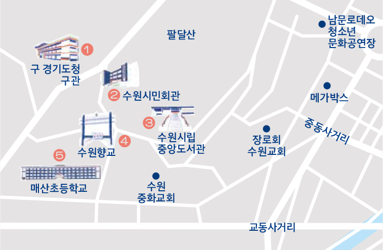 1코스 : 구 경기도청 구관 > 수원시민회관 > 수원시립중앙도서관 > 팔달산 지석묘군과 채석장 > 수원향교 > 매산초등학교